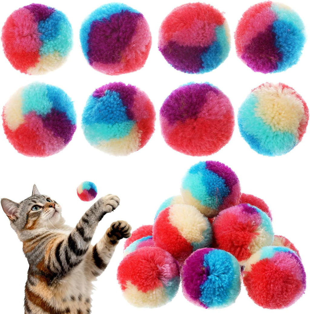 Xinjoduz cat pom pom balls front view showing assorted colorful plush toy set for indoor pets.