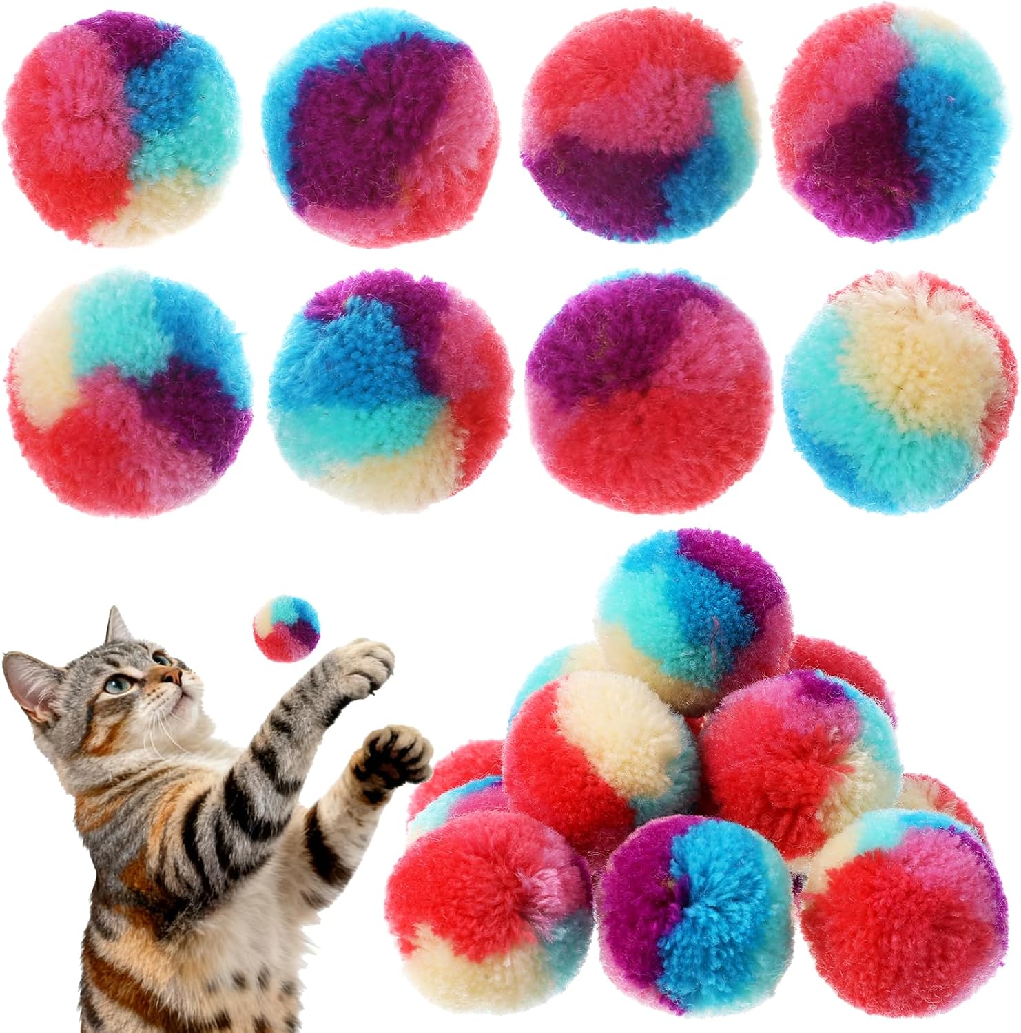 Xinjoduz cat pom pom balls front view showing assorted colorful plush toy set for indoor pets.