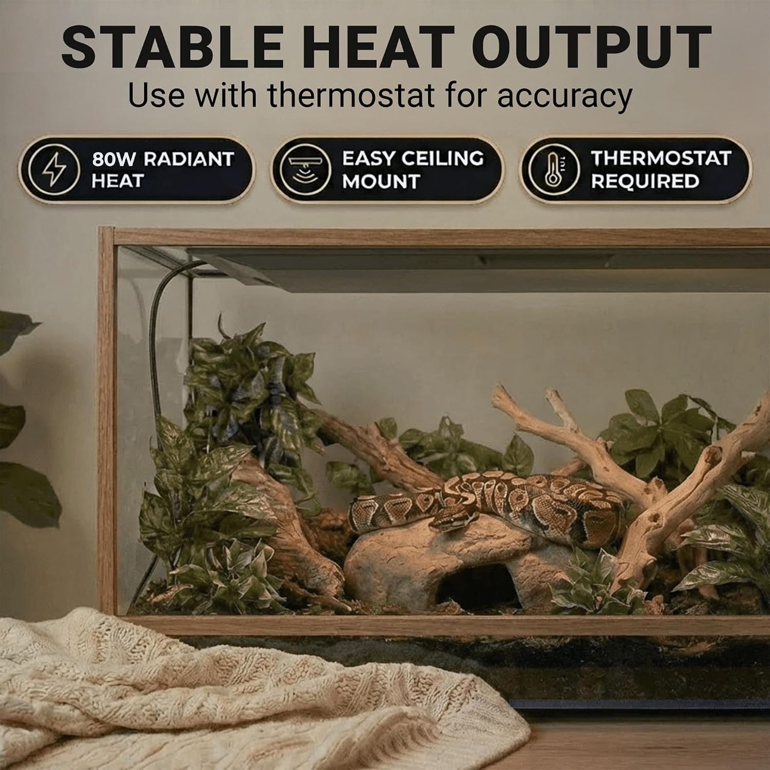 Vivarium Electronics overhead radiant heat panel showing the sealed easy-to-clean water-resistant housing.