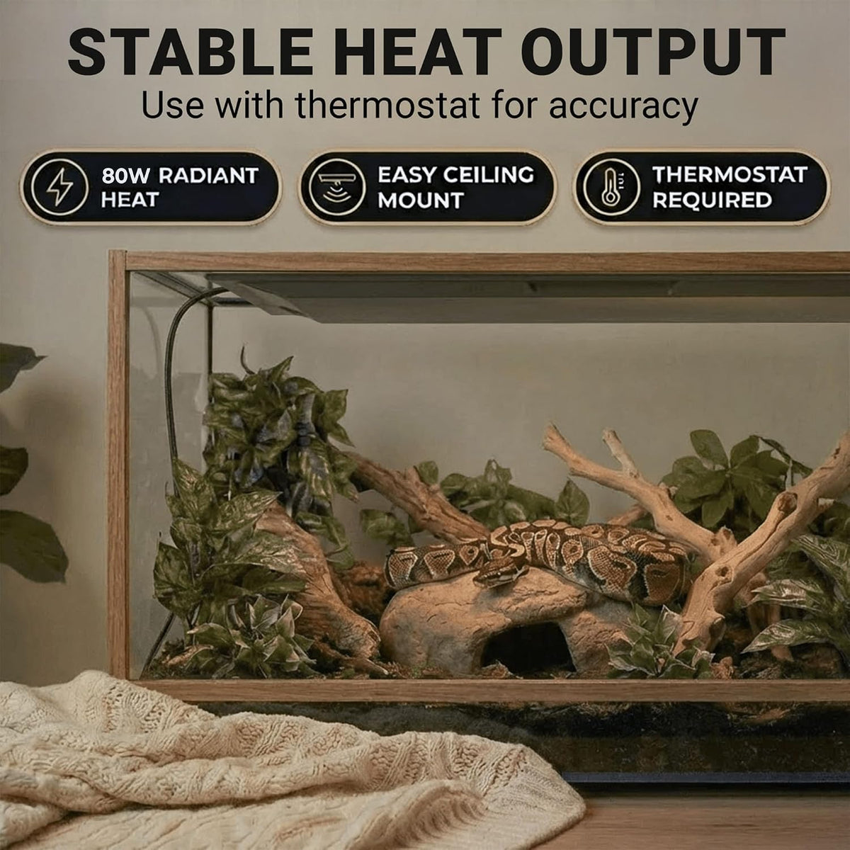Vivarium Electronics overhead radiant heat panel showing the sealed easy-to-clean water-resistant housing.