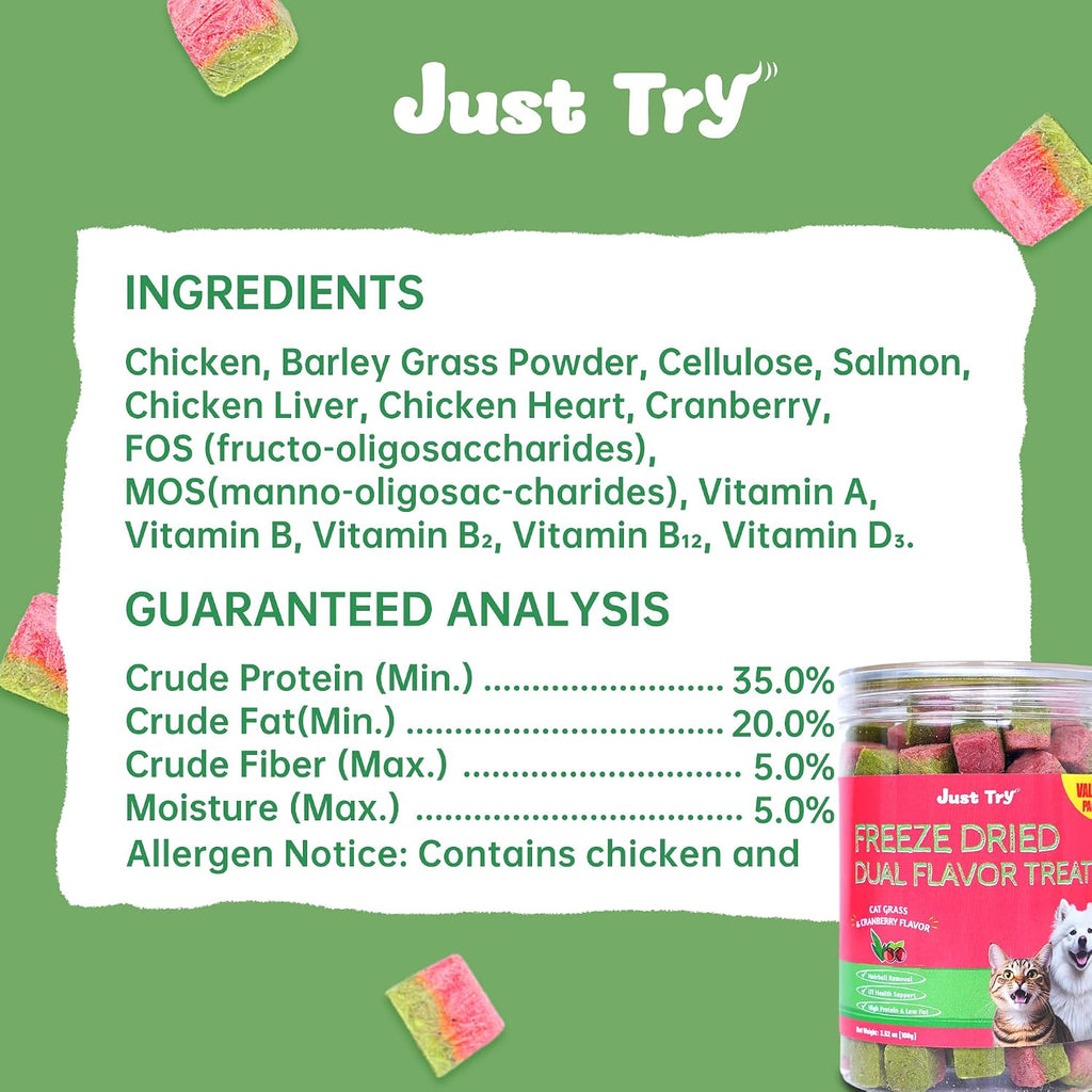 Just Try freeze dried raw cat treats container displaying digestive wellness benefits for indoor pets.