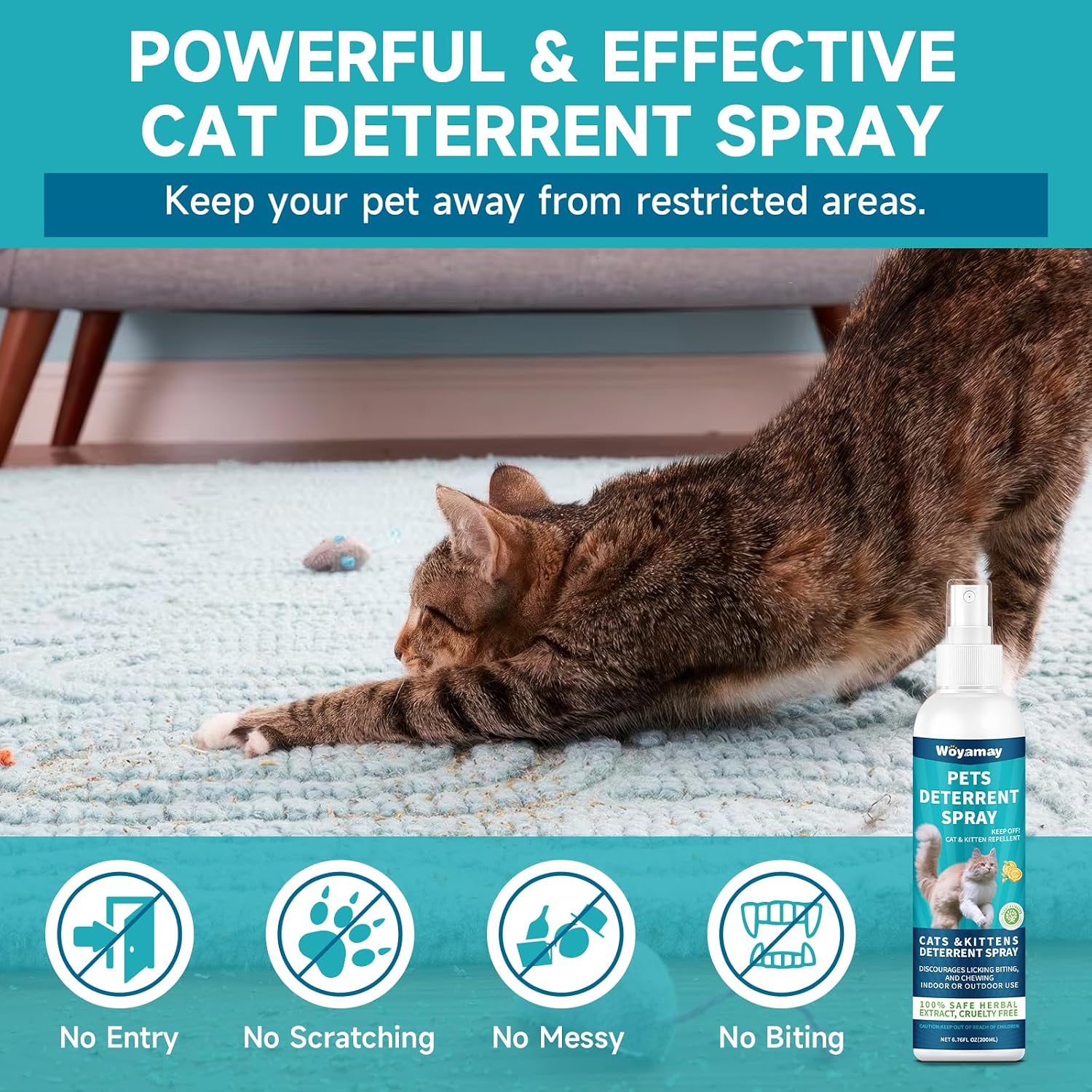 Woyamay anti scratch cat repellent spray being applied to a fabric sofa cushion
