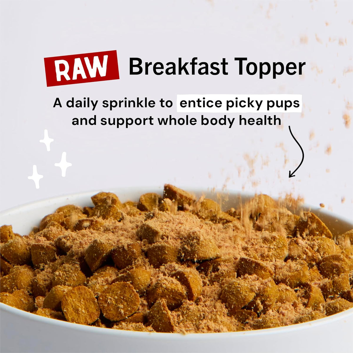 Freeze-dried raw bacon egg and cheese dog meal mixer sprinkle texture close up
