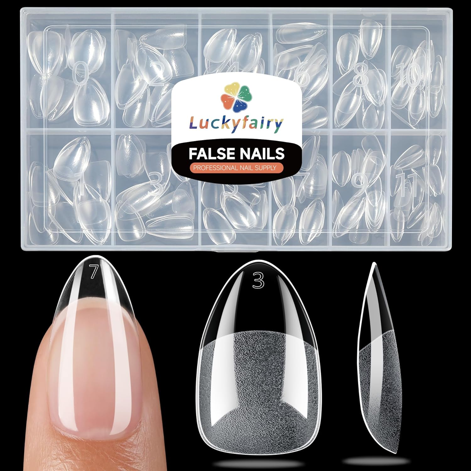 Luckyfairy short almond nail tips 240pcs set for professional gel nail extensions