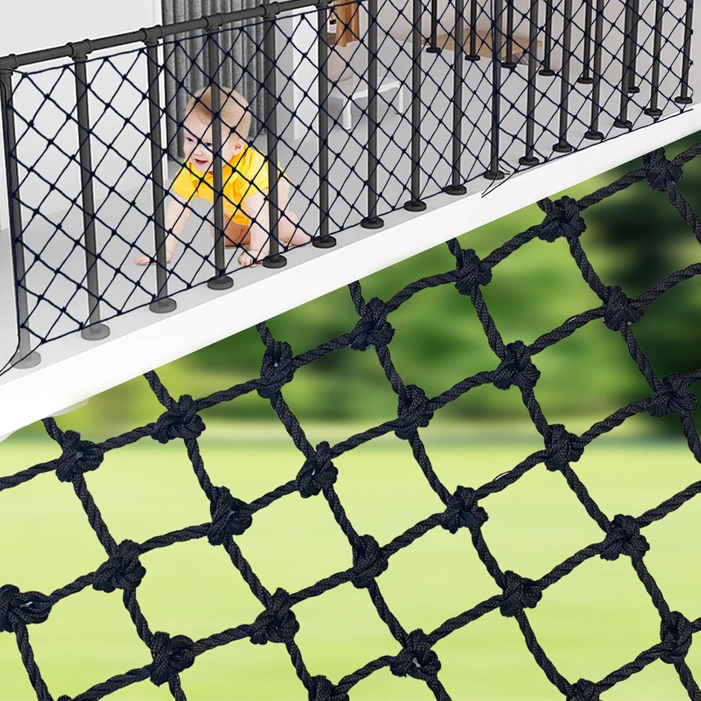 Harernet black safety rope net installed on balcony railing
