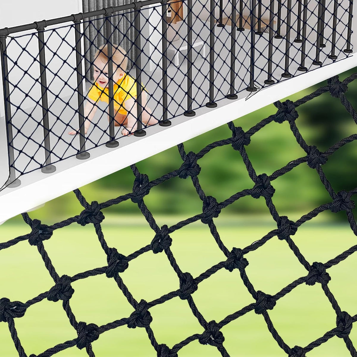 Harernet black safety rope net installed on balcony railing
