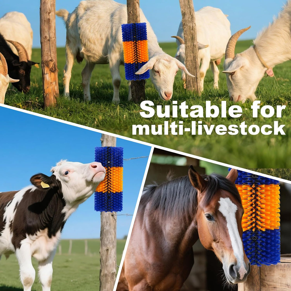 Two piece livestock grooming brush set with included mounting hardware