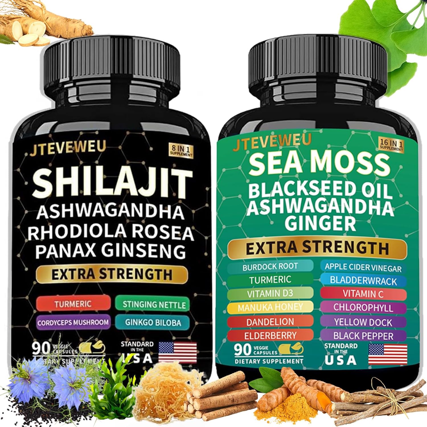 Gujisa JTEVEweu Shilajit and Sea Moss bundle supplement bottle front view.