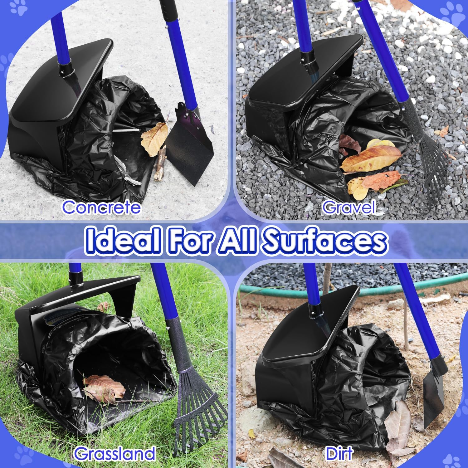 Lukovee pet waste rake cleaning up after a dog on a green grass lawn surface.