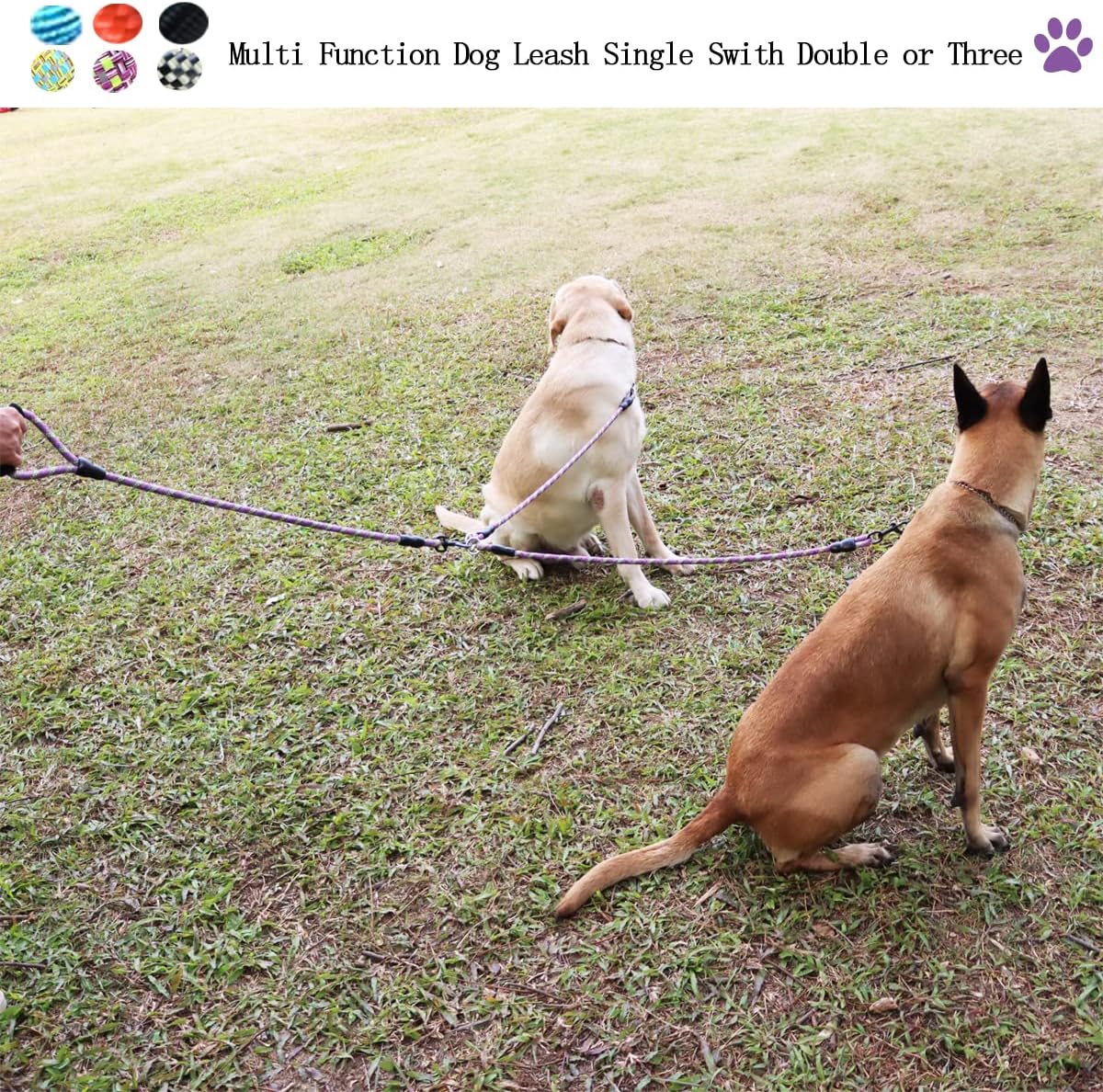 Heyllou heavy duty 3 dog rope leash demonstrating the soft padded foam comfort grip handle