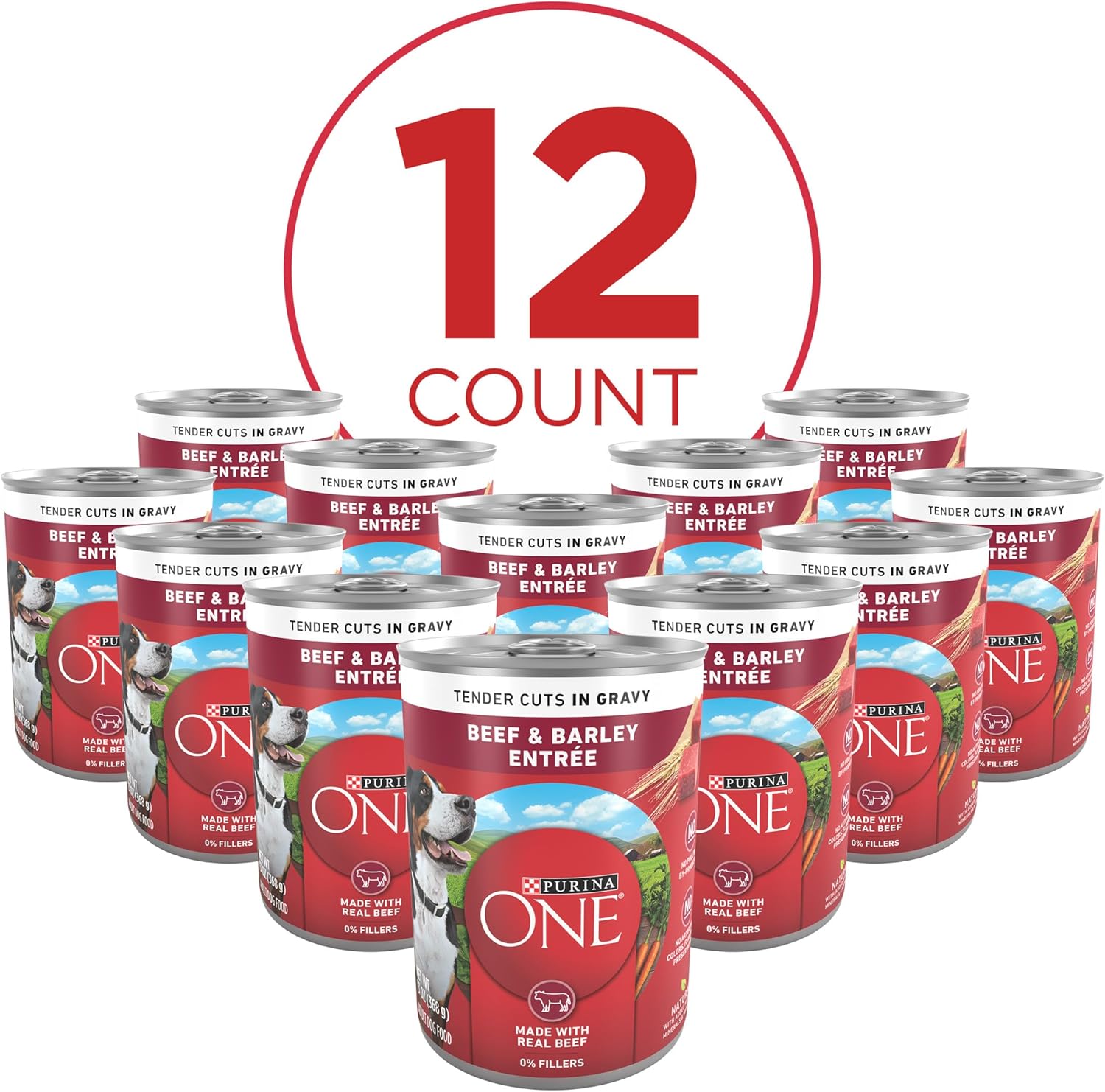 Real beef and barley ingredients callout on the premium dog food label