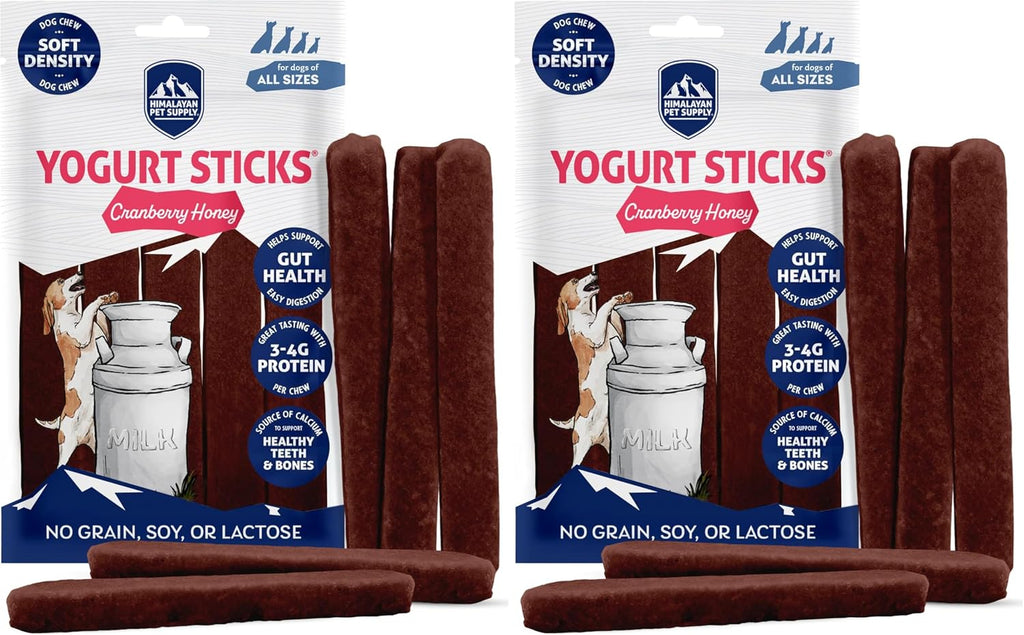 Premium imported pet supply yogurt sticks showing multiple flavor varieties for dogs.