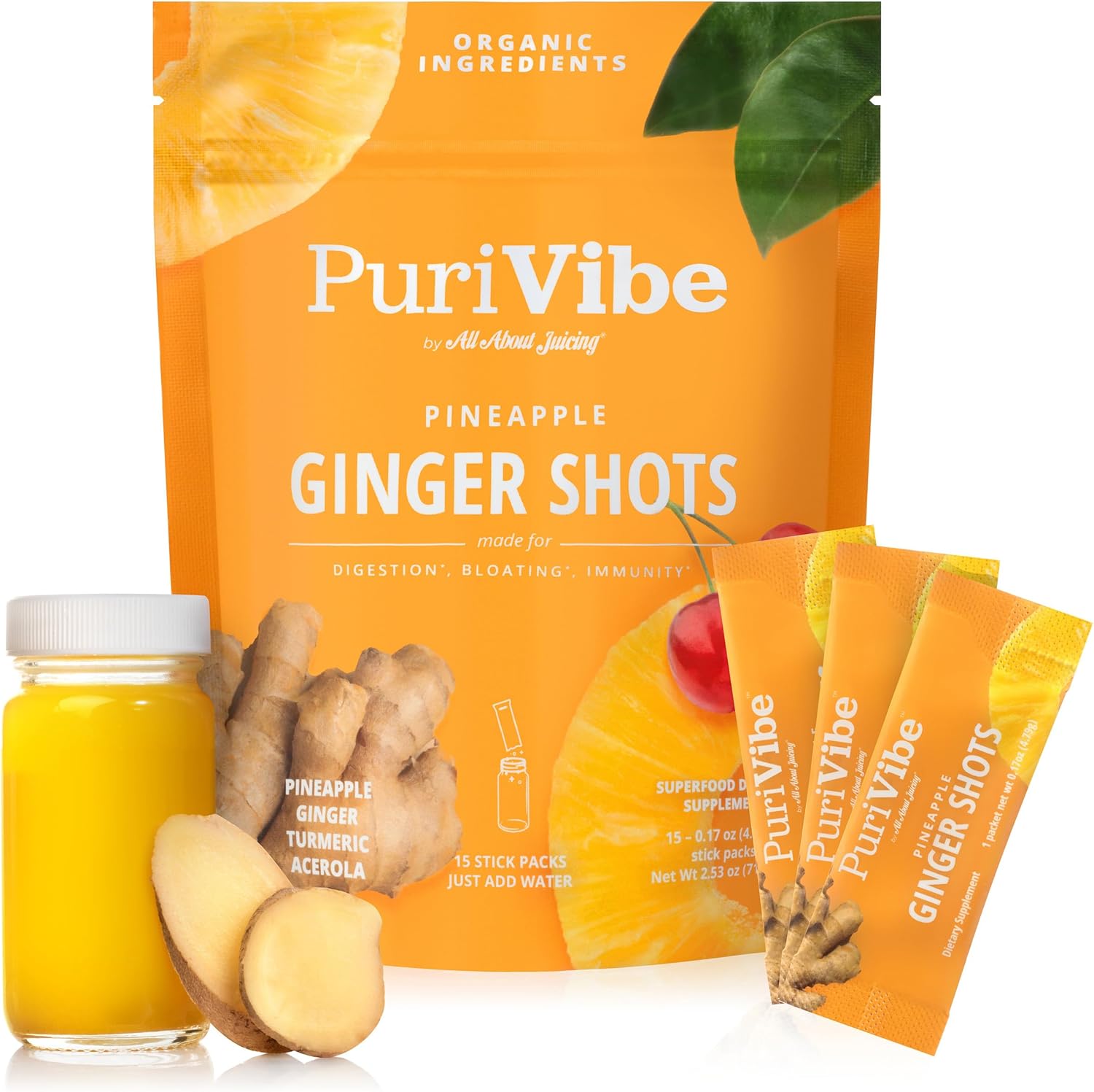 All About Juicing PuriVibe Ginger Shots 15 stick pack box front view showcasing authentic USA imported wellness powder packaging.