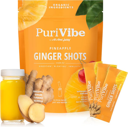 All About Juicing PuriVibe Ginger Shots 15 stick pack box front view showcasing authentic USA imported wellness powder packaging.