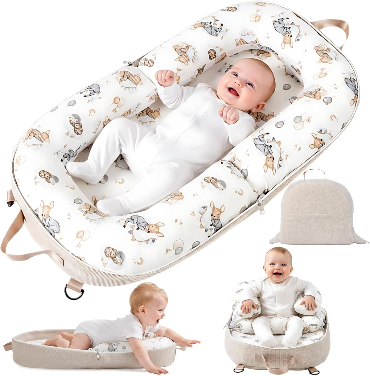 Preciozonal baby lounger front view showcasing the deer and balloon print pattern.