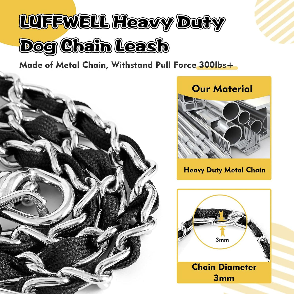 LUFFWELL chew proof dog leash with heavy duty three millimeter metal links