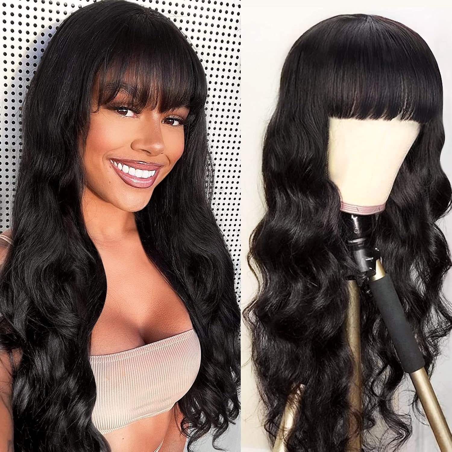 Lativ body wave human hair wig front view showing natural color texture with bangs