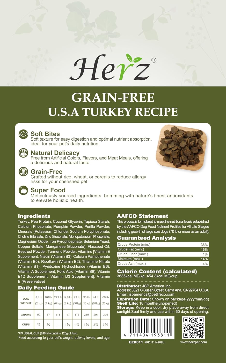 Herz turkey breast recipe air dried premium dog food back label with ingredients and nutritional analysis.