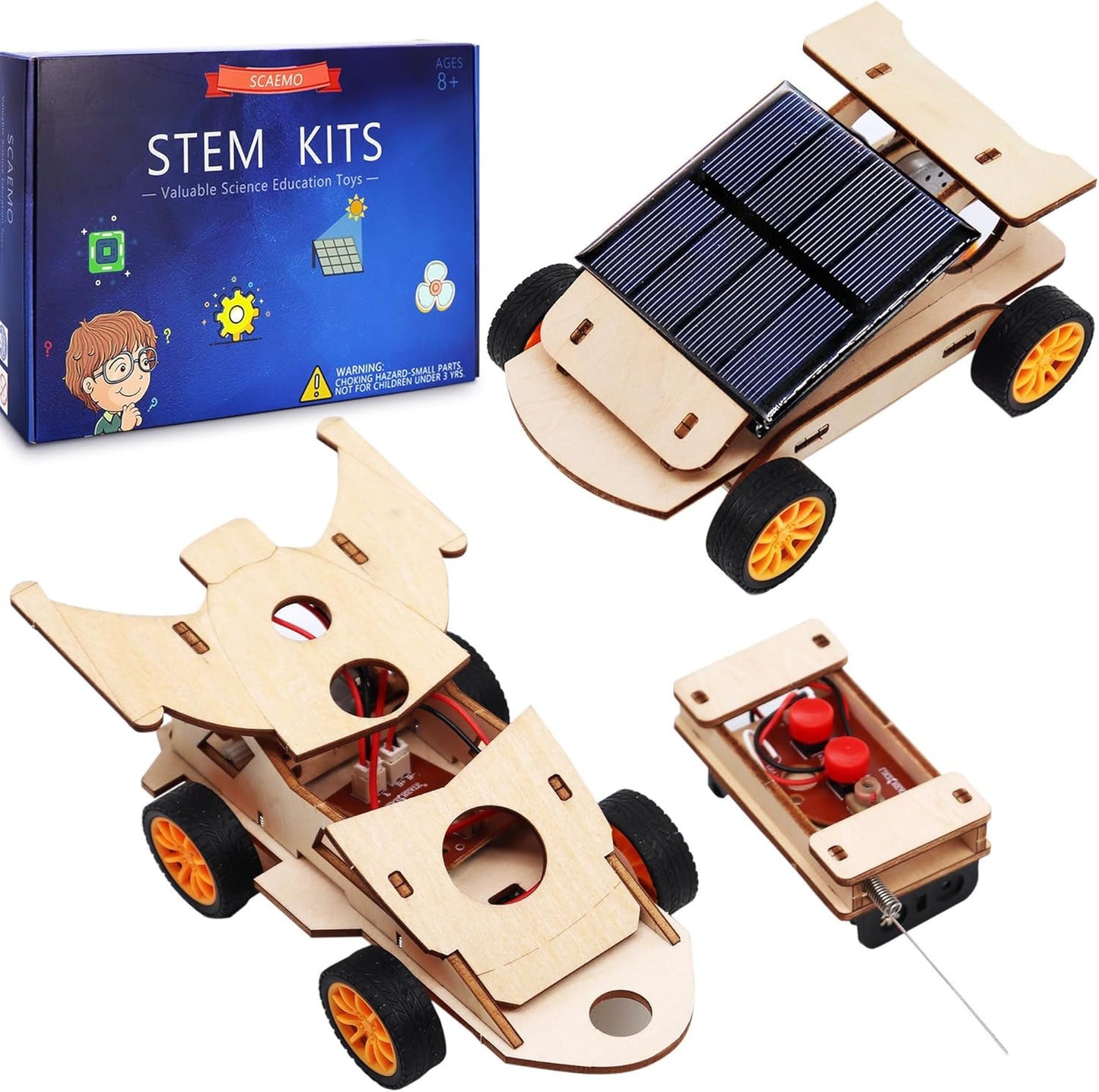 SCAEMO DIY RC Car Kit front view showcasing assembled wooden remote control and solar vehicles