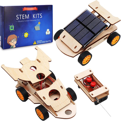 SCAEMO DIY RC Car Kit front view showcasing assembled wooden remote control and solar vehicles
