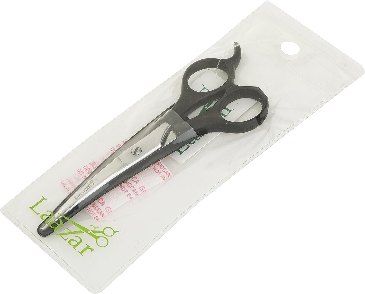 Laazar curved pet grooming scissors in hand for scale