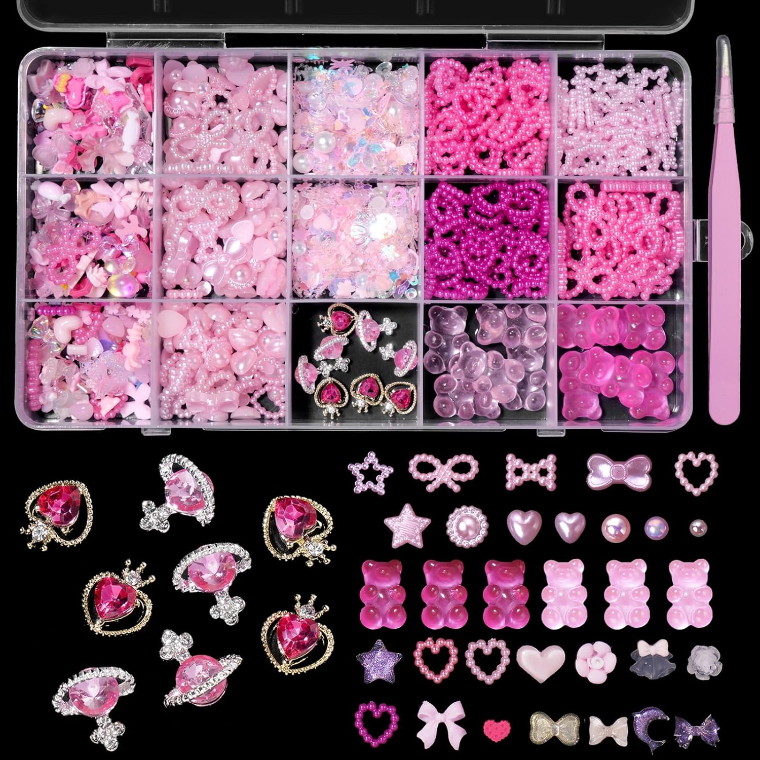 Tatiwoo 3D pink assorted pearl and gem nail charms front view