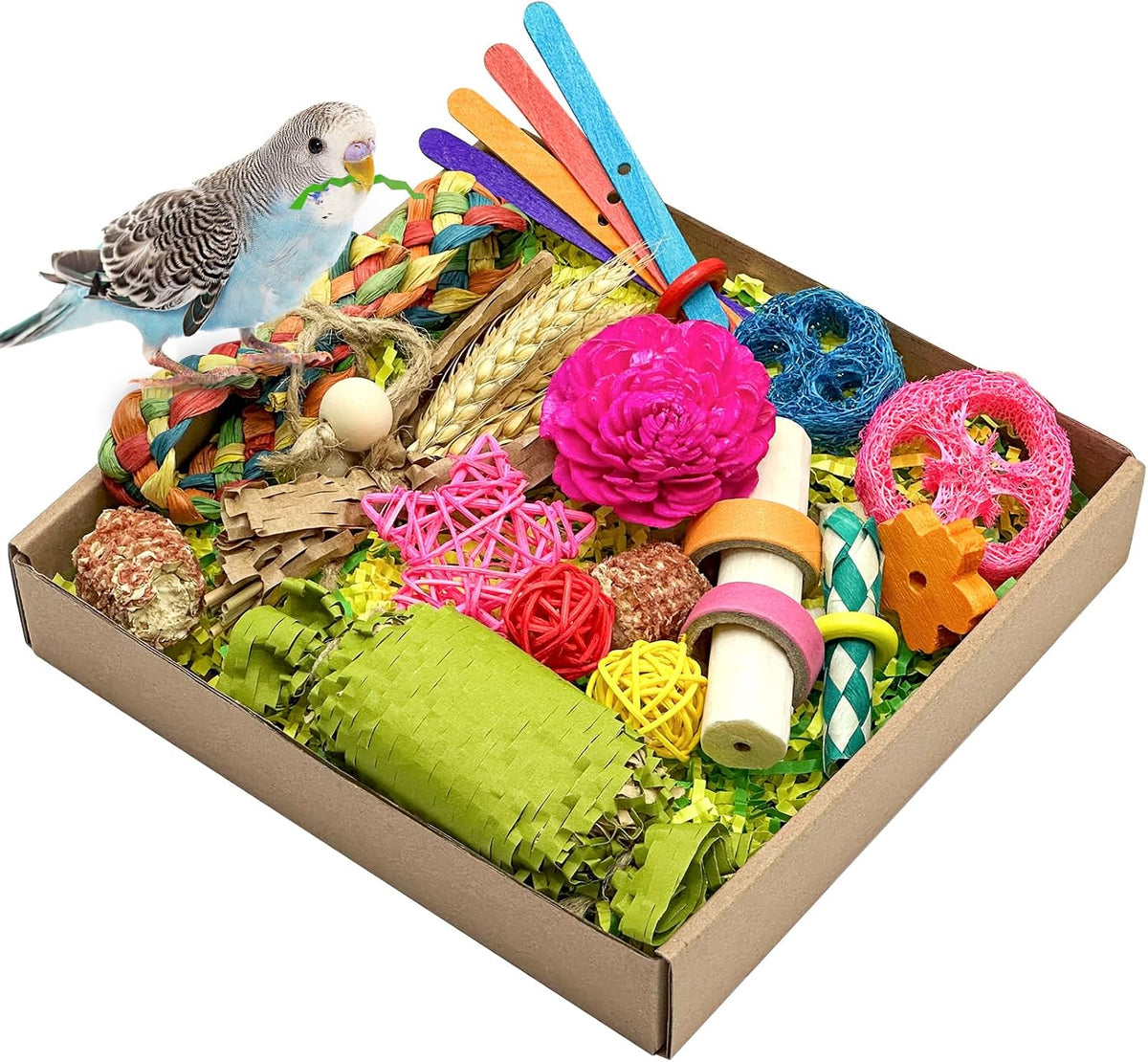 Natural Bird Toy Foraging Parrot Shredding Toys Box Conure Chewing Toys for Cockatiel Lovebird Parakeet Budgie Small-Medium Birds (Nature Color) - Image 10