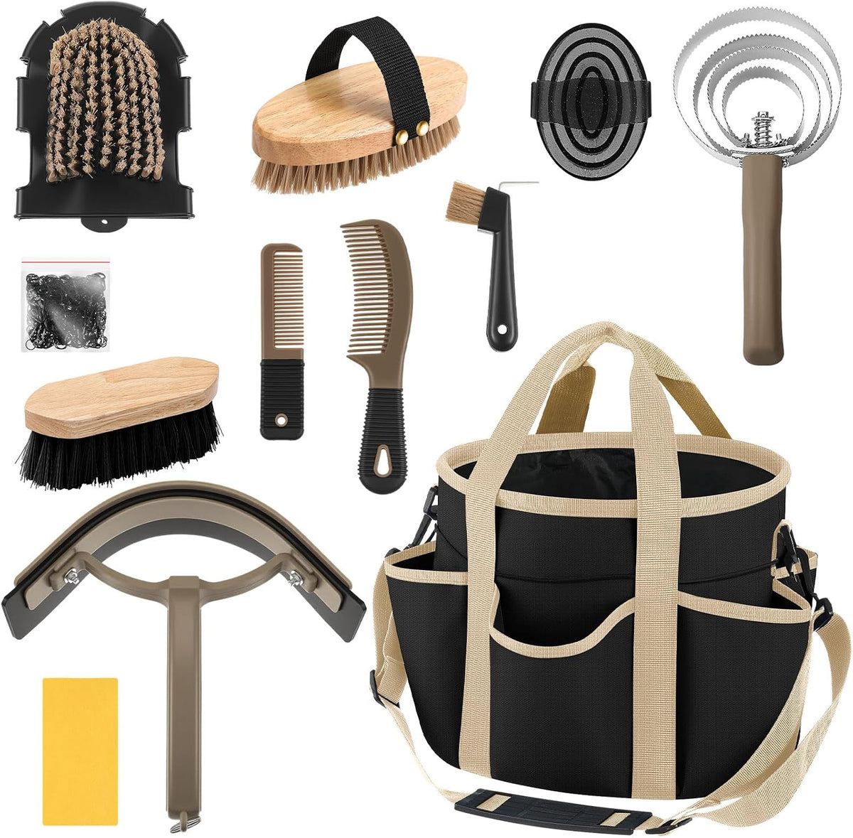 Abbylike 12 Piece Horse Grooming Kit with Organizer Tote Bag Brush Sets for Derby Day Show Horses Professional Tools for Care & Massage(Khaki and Green) - Image 9