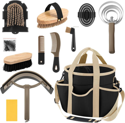Abbylike 12 Piece Horse Grooming Kit with Organizer Tote Bag Brush Sets for Derby Day Show Horses Professional Tools for Care & Massage(Khaki and Green) - Image 9