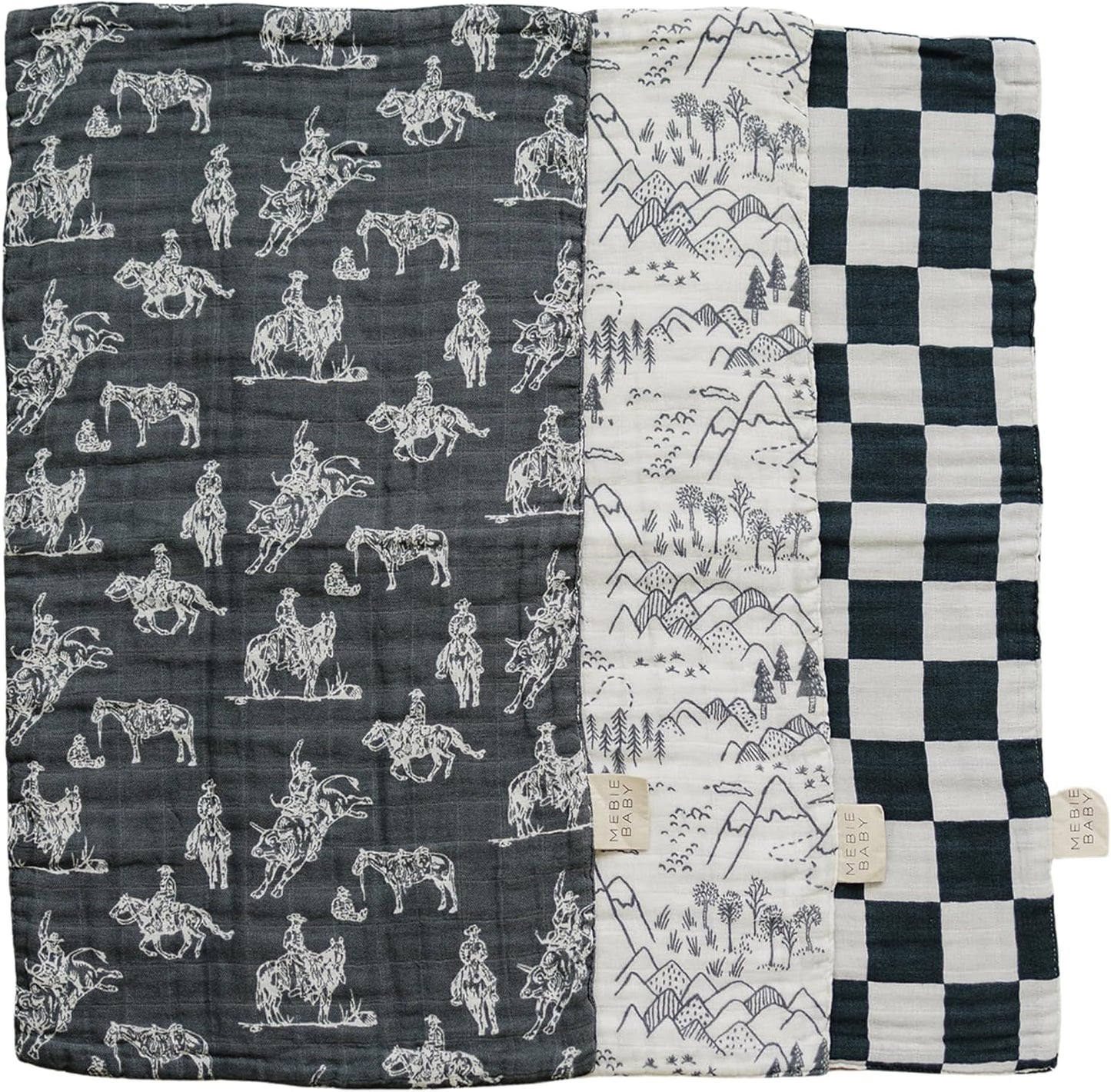 Mebie Baby Western Muslin Burp Cloth Set front view showing three pack premium baby bibs.