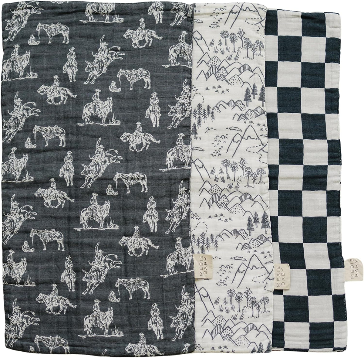 Mebie Baby Western Muslin Burp Cloth Set front view showing three pack premium baby bibs.