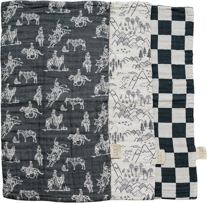 Mebie Baby Western Muslin Burp Cloth Set front view showing three pack premium baby bibs.