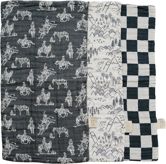 Mebie Baby Western Muslin Burp Cloth Set front view showing three pack premium baby bibs.