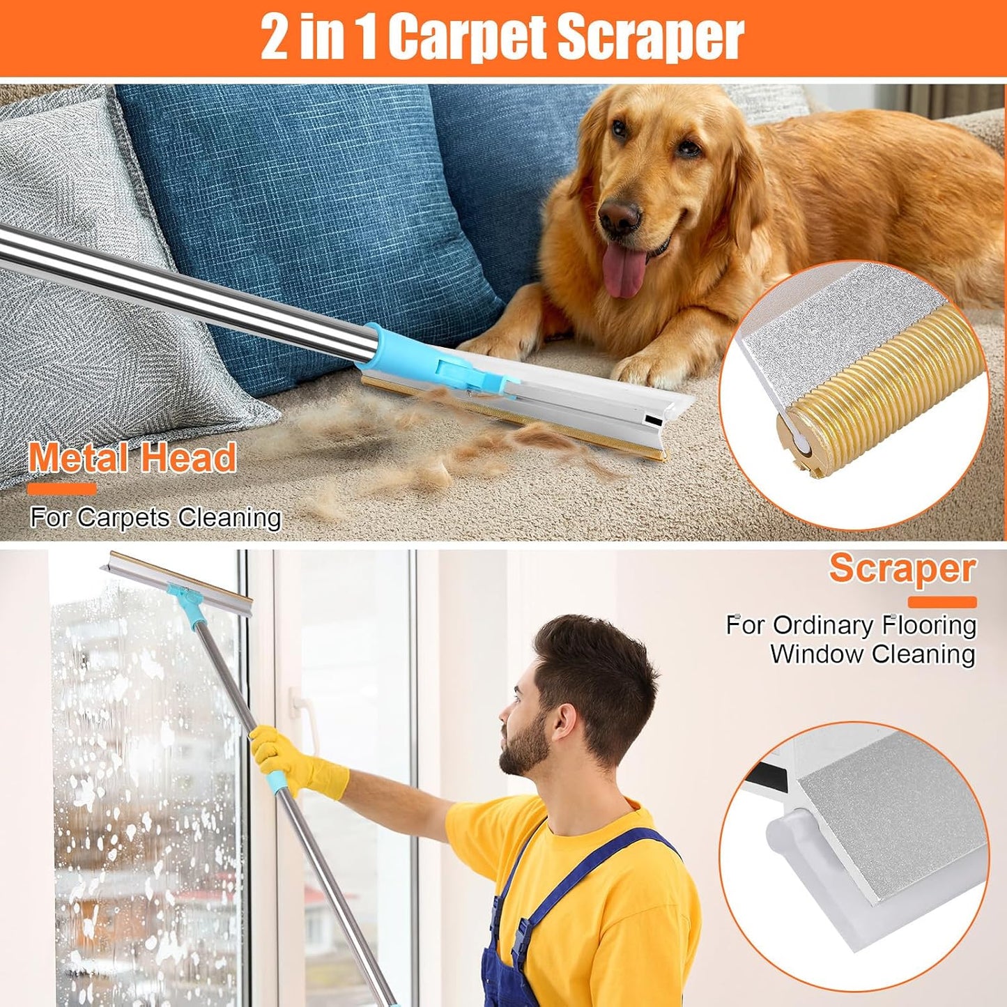 12-inch wide metal carpet rake scraping dog fur from a household carpet