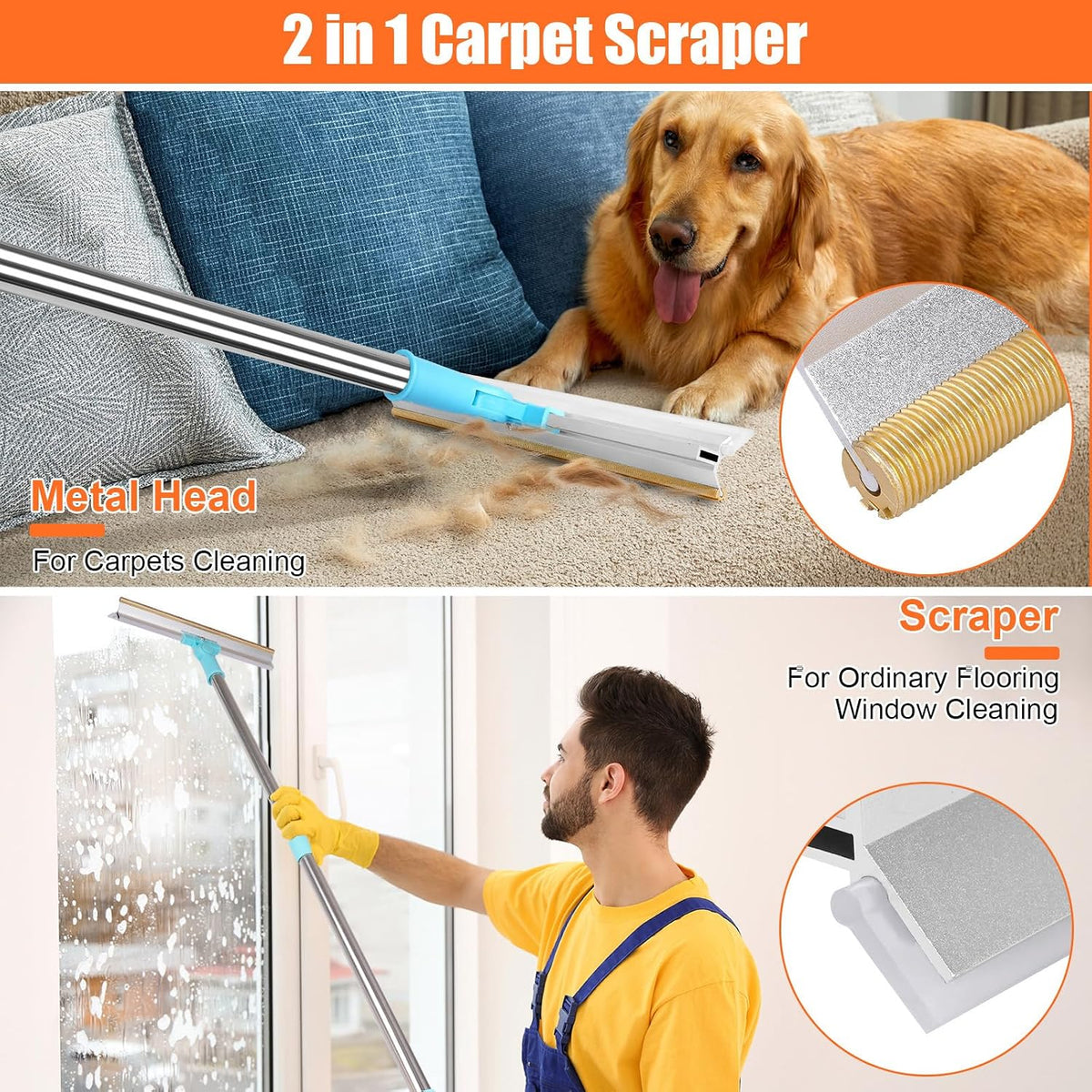 12-inch wide metal carpet rake scraping dog fur from a household carpet