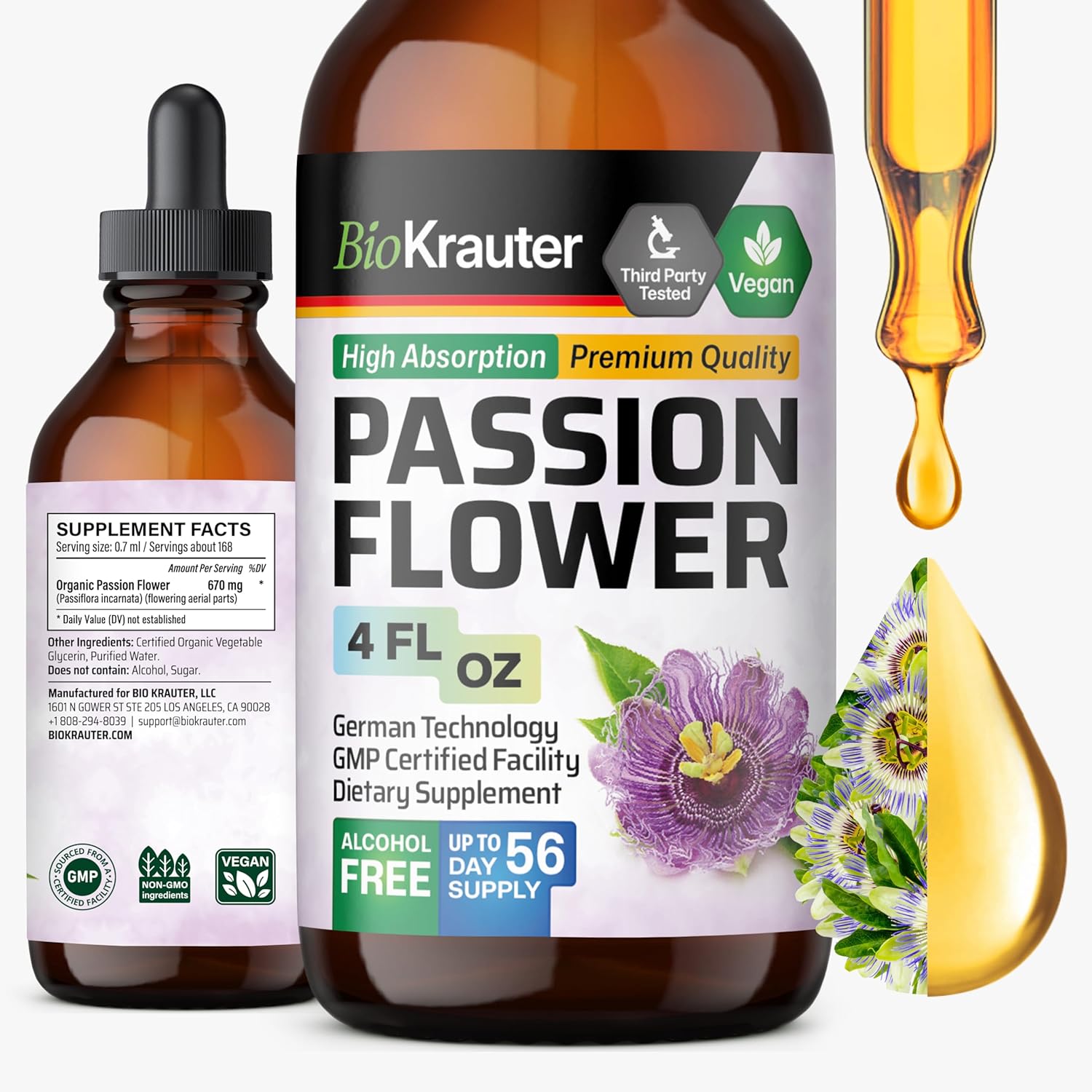 BIO KRAUTER Passion Flower liquid drops front view for stress relief herbal supplement.