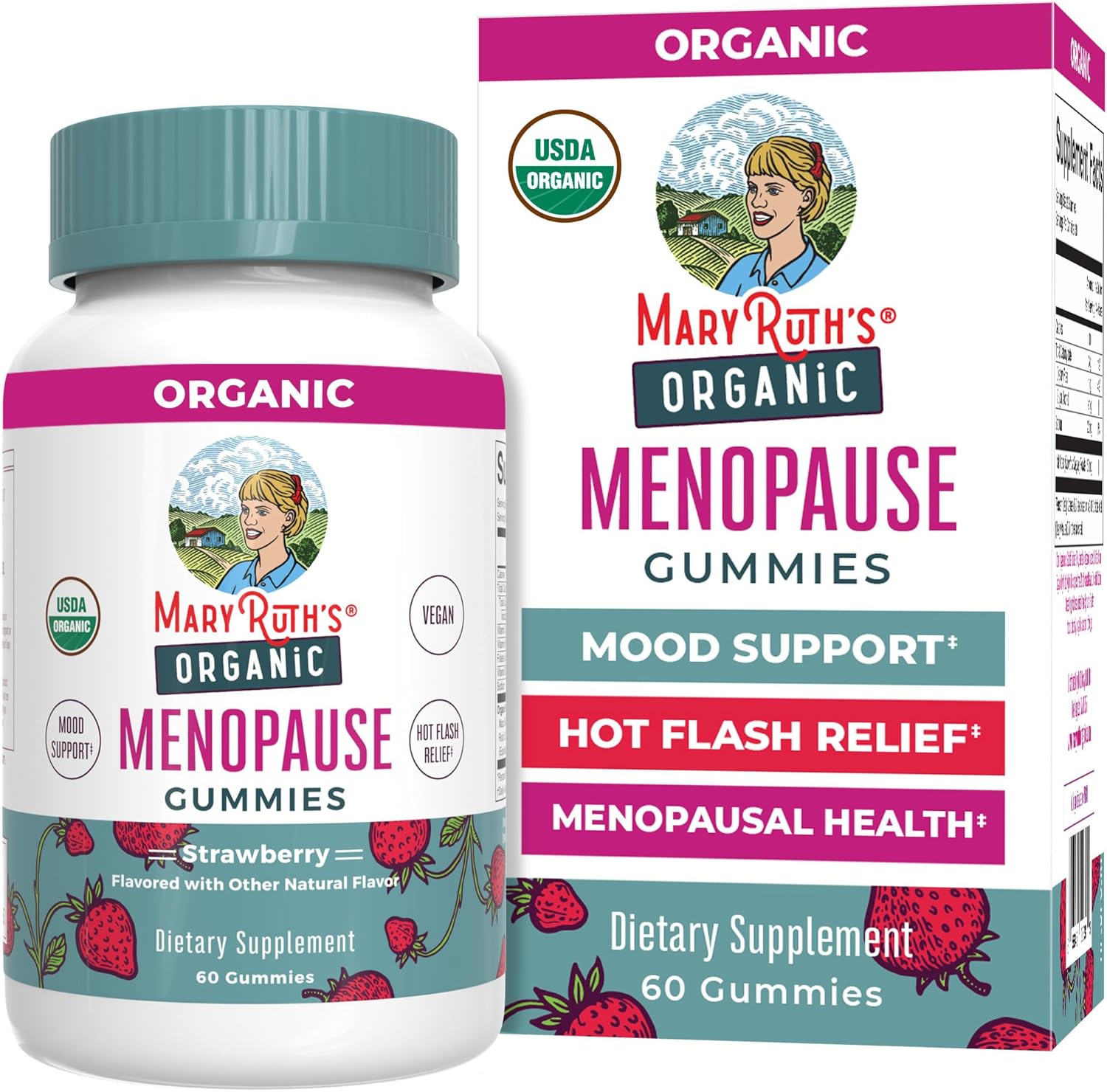 MaryRuth's Organic Menopause Gummies bottle front view showcasing strawberry flavor and USDA Organic seal.