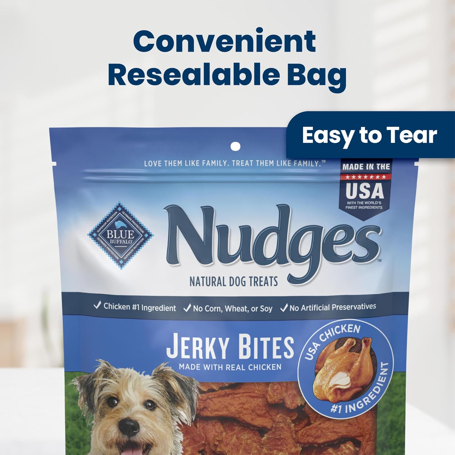 Close up of tender Blue Buffalo Nudges chicken jerky bites