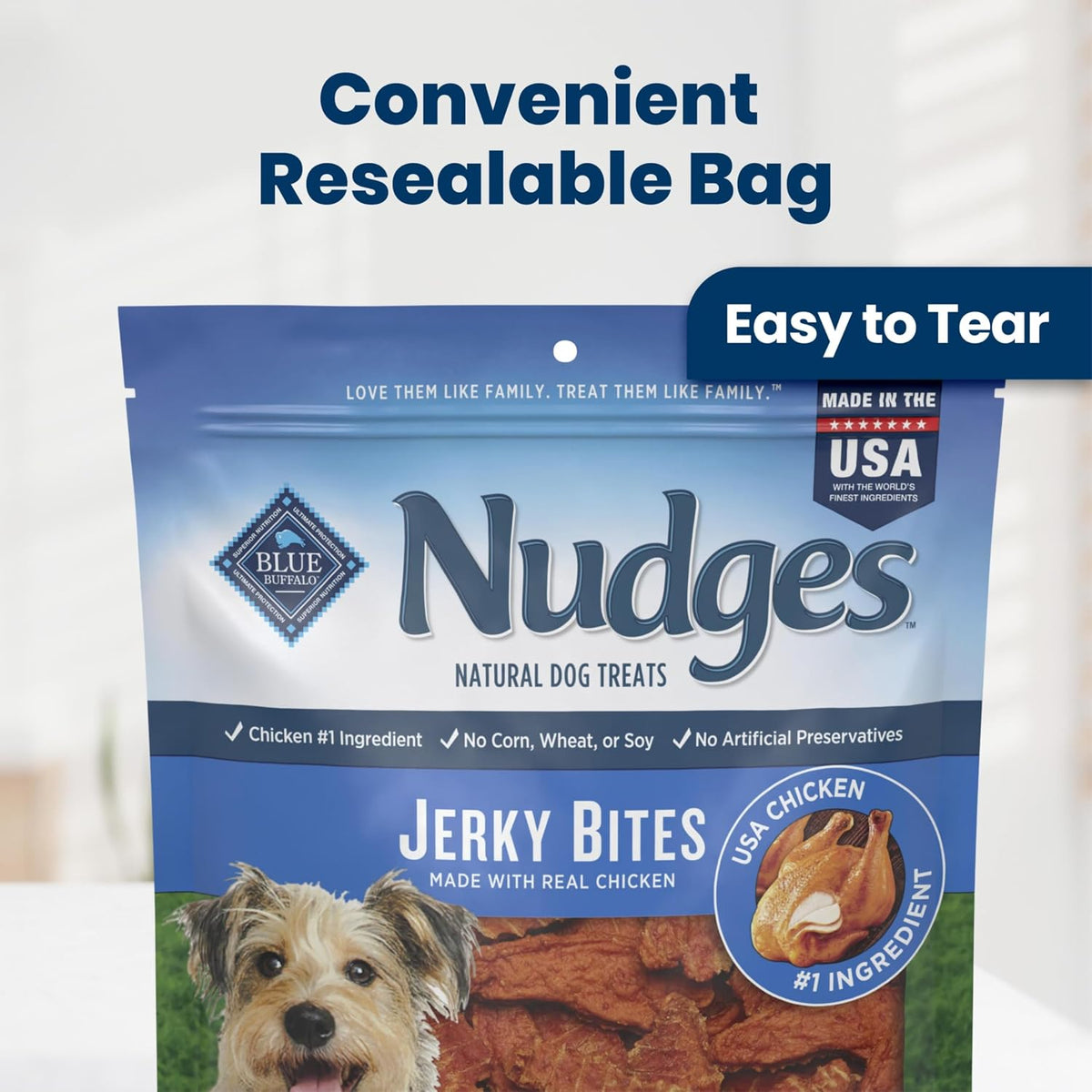 Close up of tender Blue Buffalo Nudges chicken jerky bites