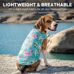 Side view of dog wearing lightweight flamingo print pet tank top