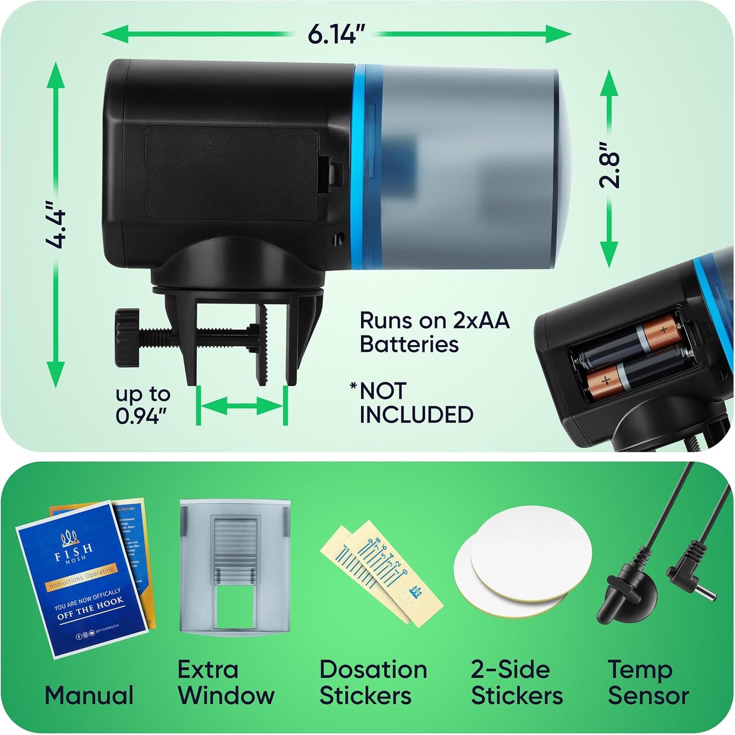 FISHNOSH automated fish dispenser with USB cable and battery compartment details