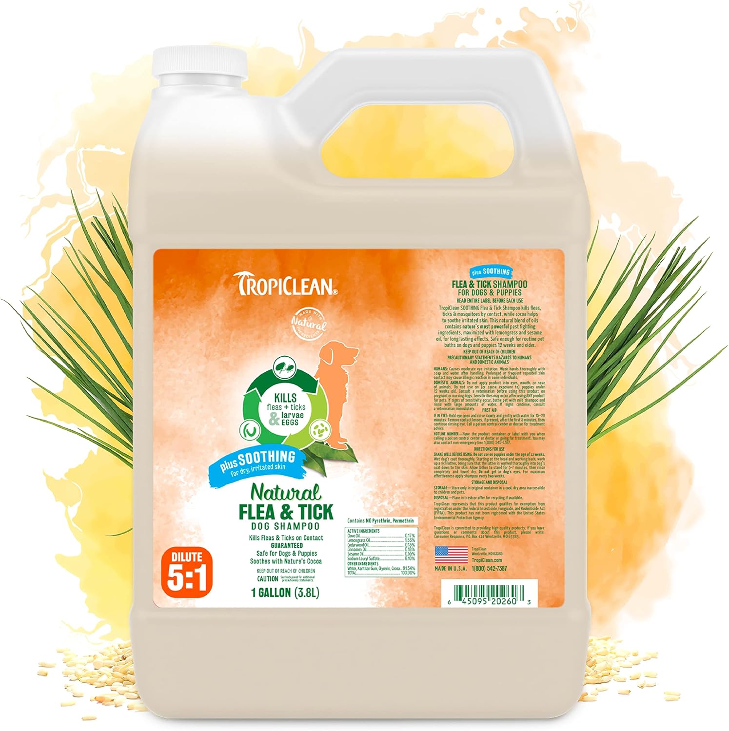 TropiClean Soothing Natural Flea and Tick Dog Shampoo front view of one gallon bottle