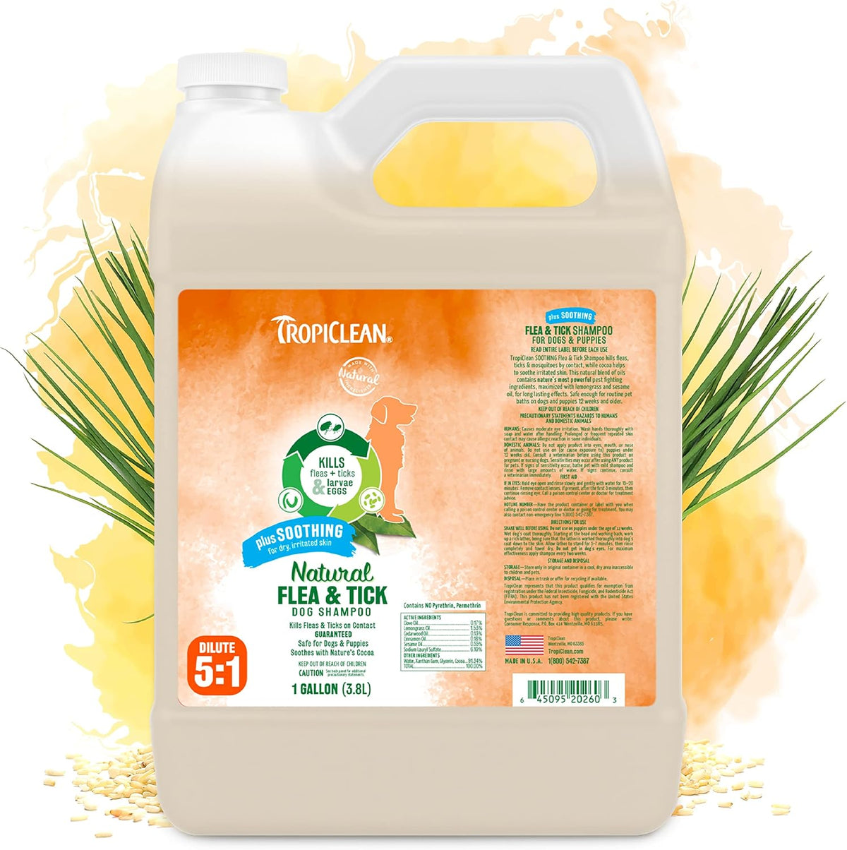 TropiClean Soothing Natural Flea and Tick Dog Shampoo front view of one gallon bottle