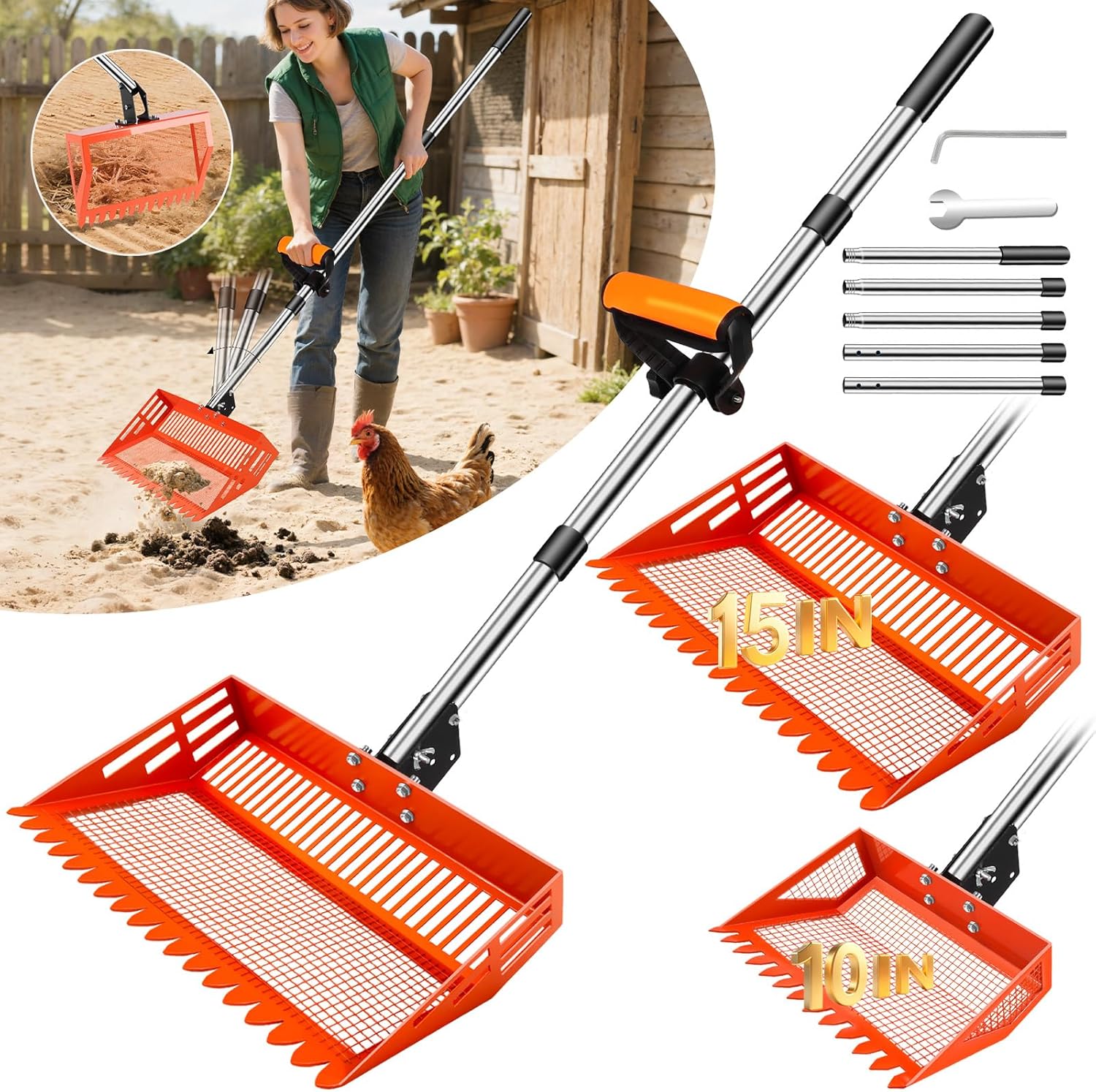 StarOcean chicken poop scooper and rake front view showing the fifteen inch metal shovel head attached.