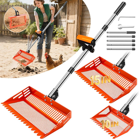 StarOcean chicken poop scooper and rake front view showing the fifteen inch metal shovel head attached.