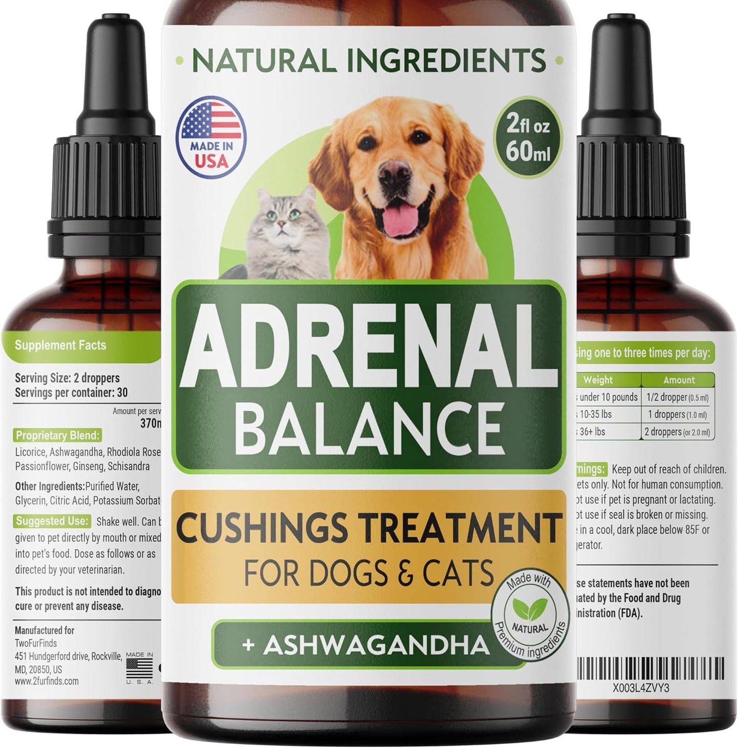 TwoFurFinds DRNL Adrenal Balance Herbal Drops front view packaging for pet health.