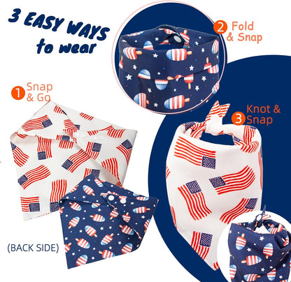 Adjustable patriotic dog bandana laid flat on surface.