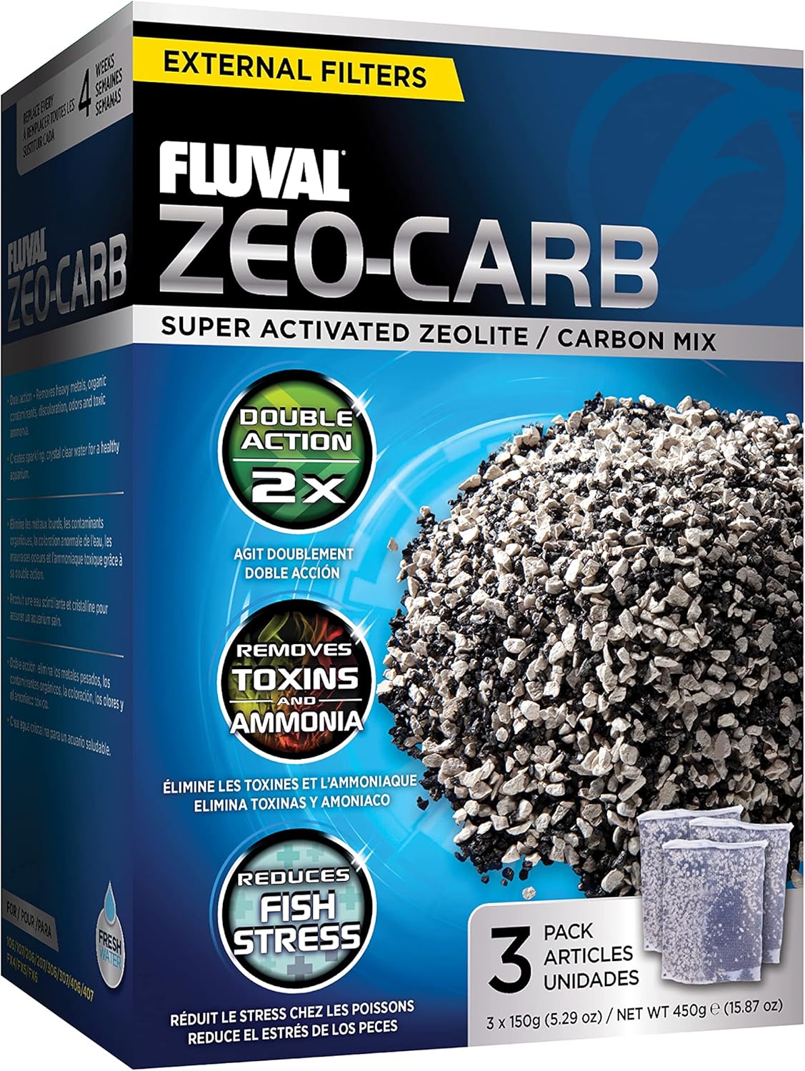Fluval Zeo-Carb chemical filter media three pack front view for freshwater aquariums.