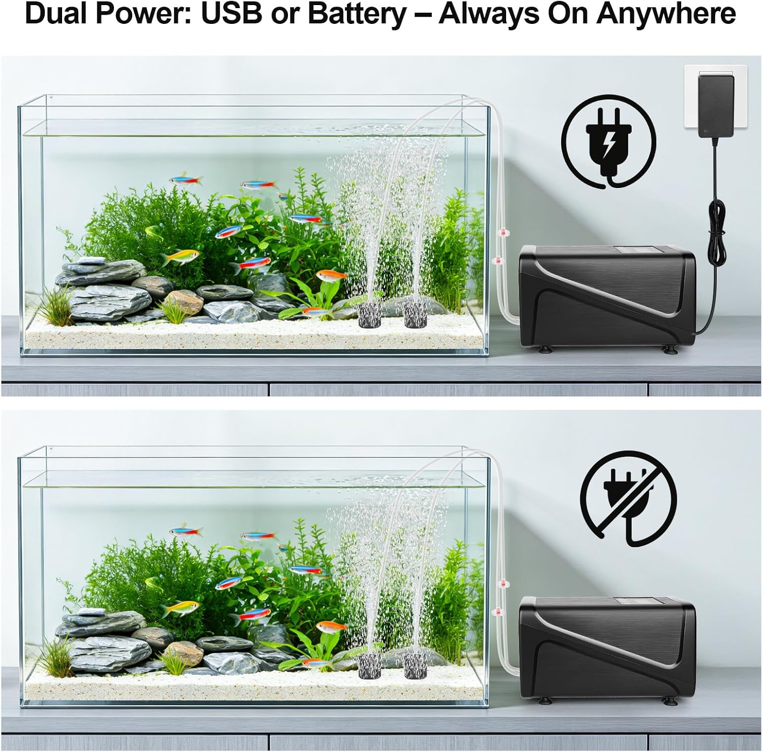 Hygger dual-outlet air pump showing USB charging port and accessories