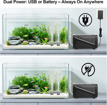 Hygger dual-outlet air pump showing USB charging port and accessories